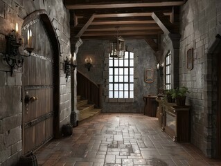 Fototapeta premium entrance hall inside a medieval castle