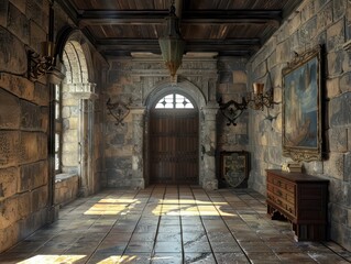 Fototapeta premium entrance hall inside a medieval castle