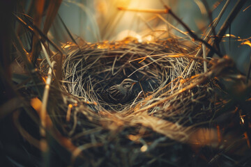 A small bird is sitting in a nest made of twigs and grass