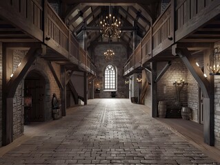 entrance hall inside a medieval castle