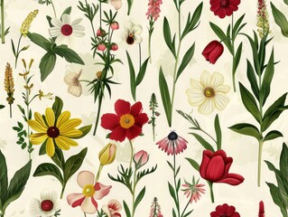 flowers pattern, flat design, white background, bright colors, watercolor style, green yellow and orange poppies, daisies, leaves, grasses, flowers in the foreground