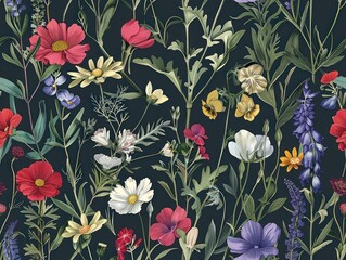 flowers pattern, flat design, white background, bright colors, watercolor style, green yellow and orange poppies, daisies, leaves, grasses, flowers in the foreground