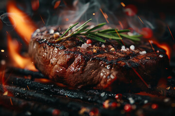 A piece of meat is on a grill with some herbs on top