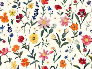 flowers pattern, flat design, white background, bright colors, watercolor style, green yellow and orange poppies, daisies, leaves, grasses, flowers in the foreground
