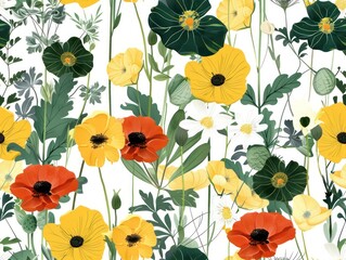 flowers pattern, flat design, white background, bright colors, watercolor style, green yellow and orange poppies, daisies, leaves, grasses, flowers in the foreground