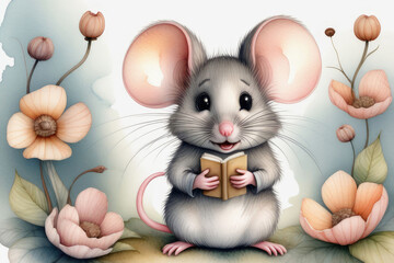 Cute adorable mouse character stands in nature in the style of children-friendly.