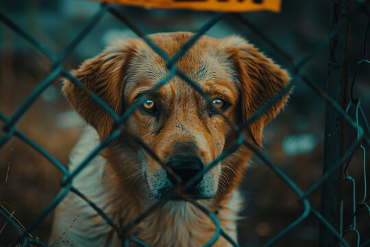 A dog is looking at the camera through a chain link fence