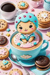 Breakfast time. Watercolor composition of cute cookie, cup of coffee with kawaii faces.