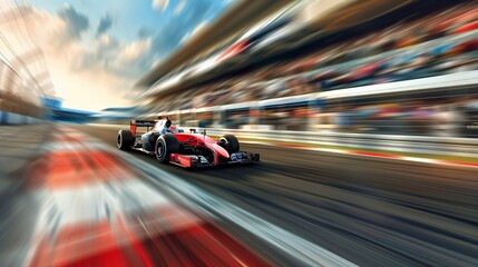 High-Speed Formula 1 Race Car on Track With Motion Blur and Crowds in the Grandstand During a Championship Event at Sunset