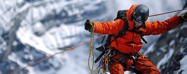 Hight altitude rescue mans using rope system in the hills in the winter, snowy landscape