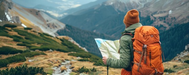A back view of the hiker with backpack looking for the maps in the mountains. Finding the path to climb, view from behind.