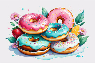 Cute glazed donut with kawaii faces, happy emotions in watercolor style.