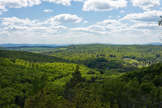 view from Hirschstein viewpoint near Eisenach in the western Thuringian Forest to Wilhelmsthal and the Rh&ouml;n mountains