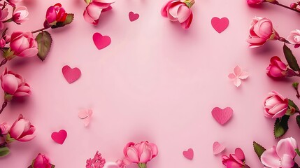 Cute heart background, rose and heart decorations, Valentine's Day, Christmas, birthday, anniversary, copy space, space for text,可愛いハートの背景、バラやハートの装飾、バレンタインデー、クリスマス、誕生日、記念日、コピースペース,Generative AI.