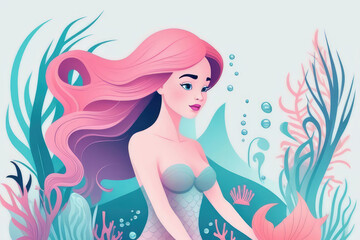 Watercolor composition of cute mermaid under in the marine life.