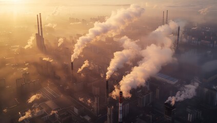 Obraz premium industrial city with large smokestacks, clouds of pollution on sunset