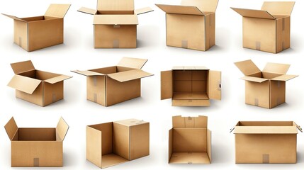 3d cardboard box, different angles, white background