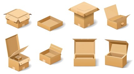 3d cardboard box, different angles, white background
