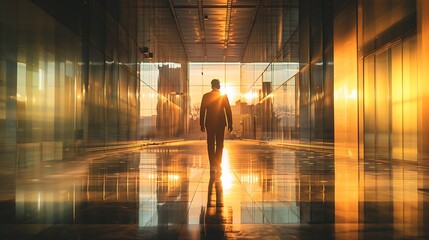 Homem de negócios bem sucedido, imagem empresarial, caminhando no corredor com o sol destacando