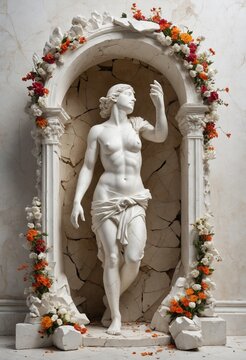 A classical sculpture of a woman with flowers stands in a temple niche