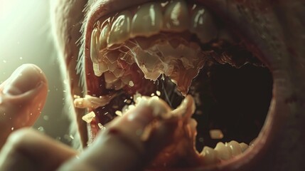 A detailed view shows a person with a fist clenched around a piece of food while revealing broken teeth.