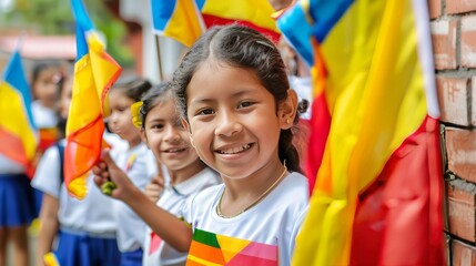 School Children Holding Flags in Colombia