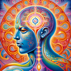 Naklejka premium Hypnagogic image, hypnagogic spiritual symbol, style, abstract illustration, surreal illustration, spiritual practice, hypnosis, relaxation, sleep,