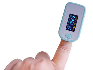 Female hand with portable fingertip pulse oximeter blood oxygen pulse rate measurement, isolated transparent background, cutout, medical supplies and equipment business