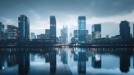 Fototapeta premium skyline building, river water reflection, clear sky