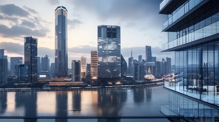 Fototapeta premium skyline building, river water reflection, clear sky