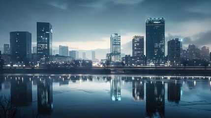 Fototapeta premium skyline building, river water reflection, clear sky