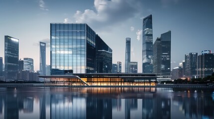 Naklejka premium skyline building, river water reflection, clear sky