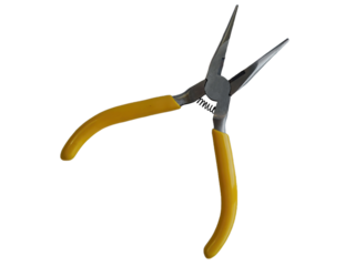 Isolated yellow needle nose type plier, workshop tools and accessories cutout equipment, element object on transparent background