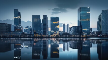 Naklejka premium skyline building, river water reflection, clear sky