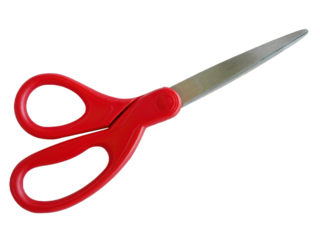 Isolated red color scissors, cutout transparent background, for presentation, cutting tools, office or school or home supply, equipment