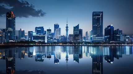 Fototapeta premium skyline building, river water reflection, clear sky