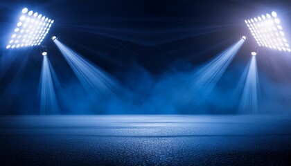 The dark stage shows, empty dark blue background, neon light, spotlights, The asphalt floor