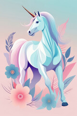 Fairytale unicorn with rainbow-colored mane in a soft pastel shades fairy-tale floral land.