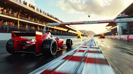 Red Formula One Car Racing On Track Back View With Motion Blur Capturing Speed, Motorsport Power, Adrenaline, Precision, And Victory