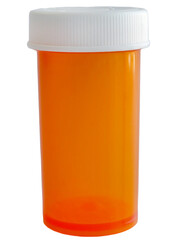 Plastic opaque medicine bottle pharmacy vial amber color, plastic container for pills and tablets, isolated transparent background, cutout, medical supply concept