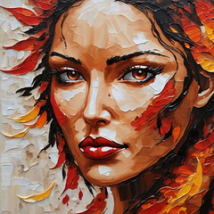 Firehair woman portrait - imitation Palette knife, impasto, oil painting