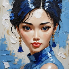 Asian woman portrait in blue - imitation Palette knife, impasto, oil painting