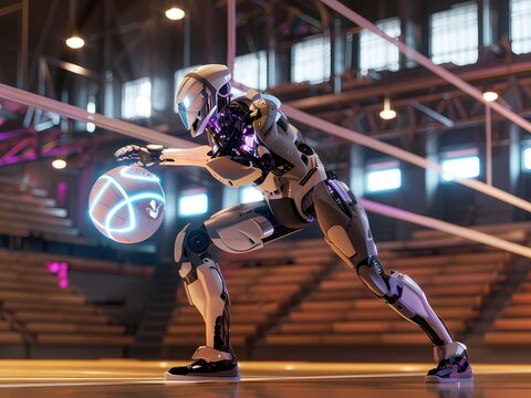 AI-Generated image of A robot is playing basketball with a glowing ball. The robot is wearing a white suit and has a purple helmet. The scene is set in a gym