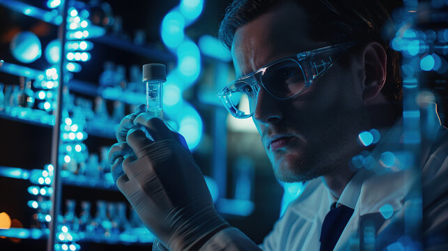 Man scientist holding test tube on laboratory background