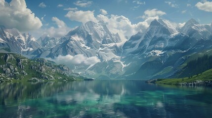 The image features a breathtaking landscape with a serene mountain lake in the foreground. The calm waters of the lake reflect the surrounding majestic mountains that tower above. These snow-covered p