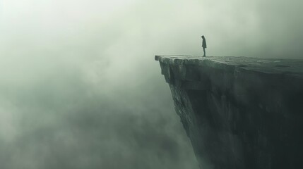 Brink of Gaming Addiction: Figure on Edge of Virtual Cliff in Mysterious Fog