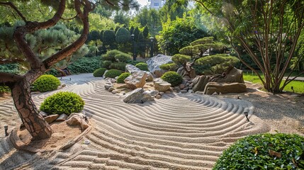 The image showcases a beautifully manicured Japanese Zen garden featuring meticulously raked sand...