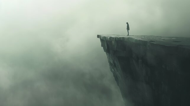 Brink of Gaming Addiction: Figure on Edge of Virtual Cliff in Mysterious Fog