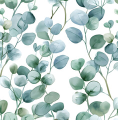 Watercolor eucalyptus and greenery seamless pattern, white background, fine art print, delicate watercolor illustration in the style of soft green leaves