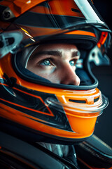 Fototapeta premium In an impressive close-up, an F1 driver with eyes focused with palpable intensity. F1 driver immersed in the world of high-speed competition.